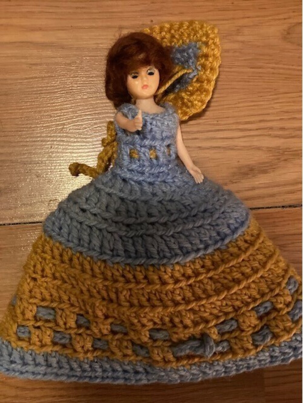 Vintage Porcelain Doll wi/ Handmade Crochet Dress Blue/Gold COLLECTABLE